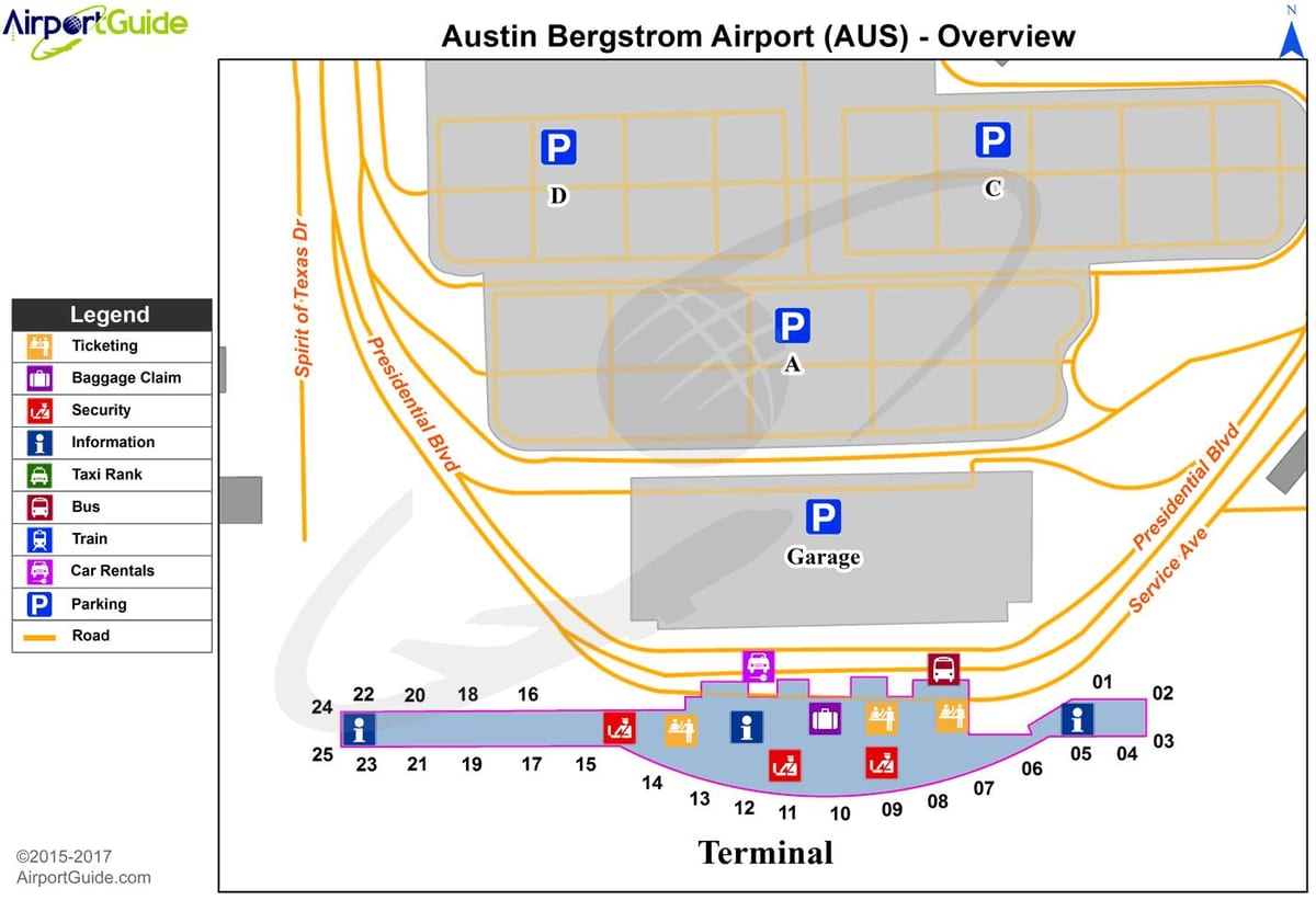 Austin Bergstrom aeropuerto internacional de mapa