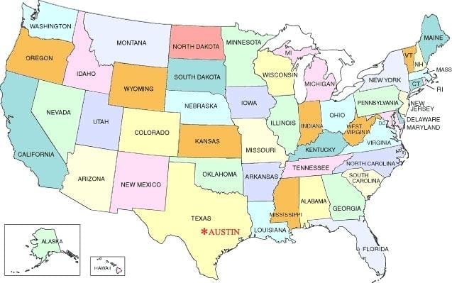 Austin en el mapa de estados unidos