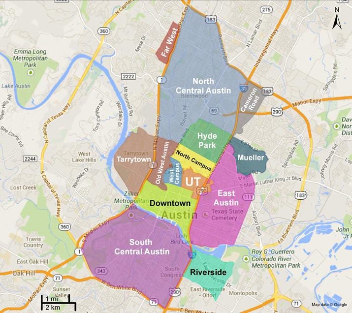 mapa de Austin suburbios
