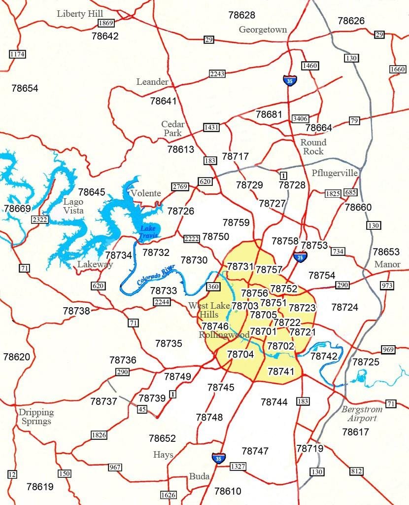 el código postal de mapa de Austin Tx