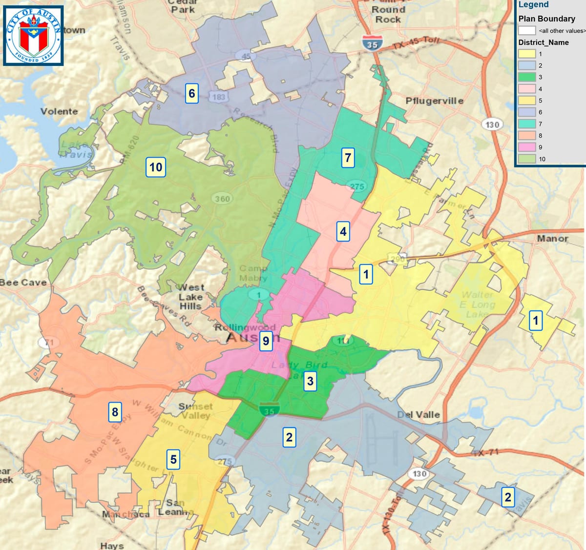 mapa de la ciudad de Austin consejo de distrito