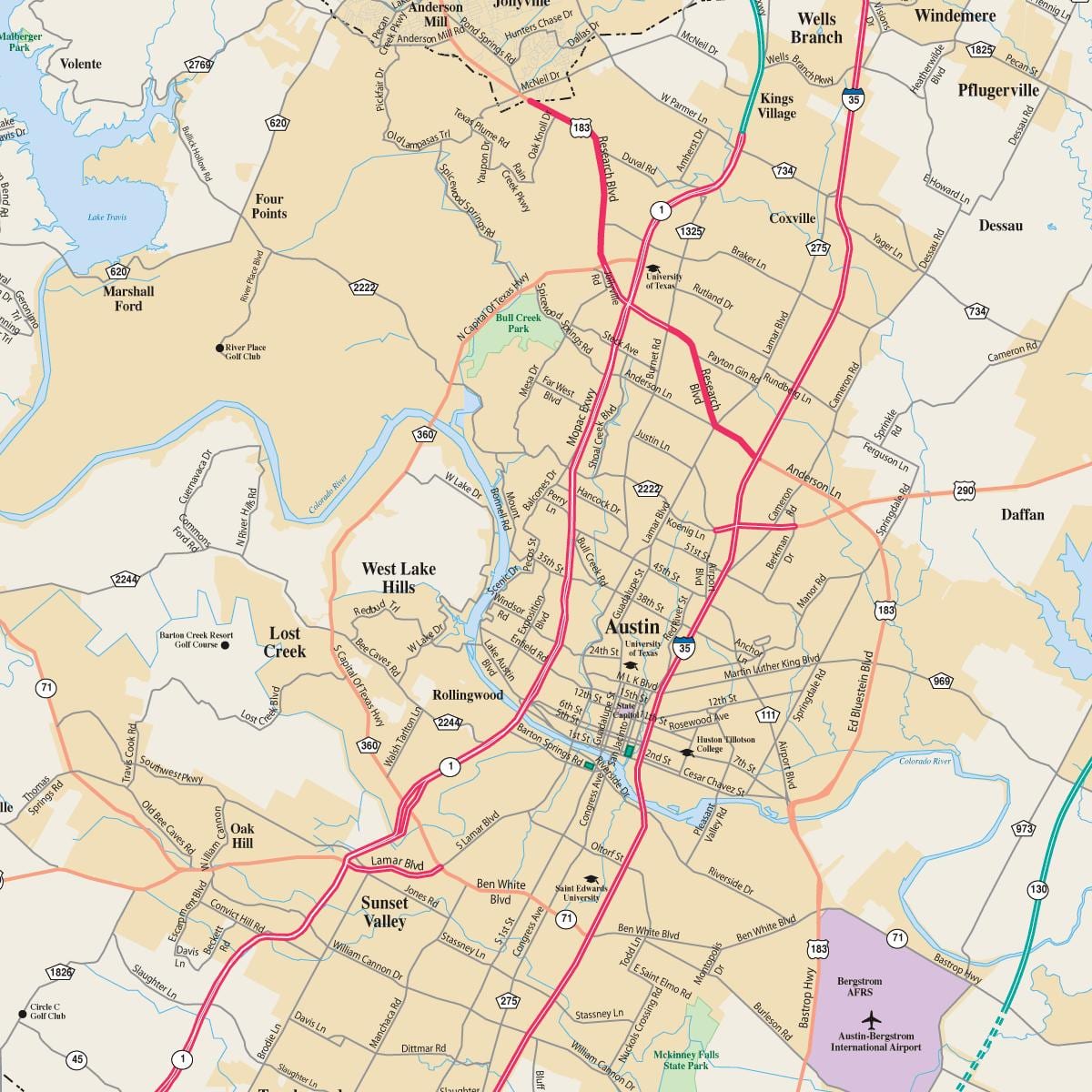 mapa de Austin, texas y sus alrededores