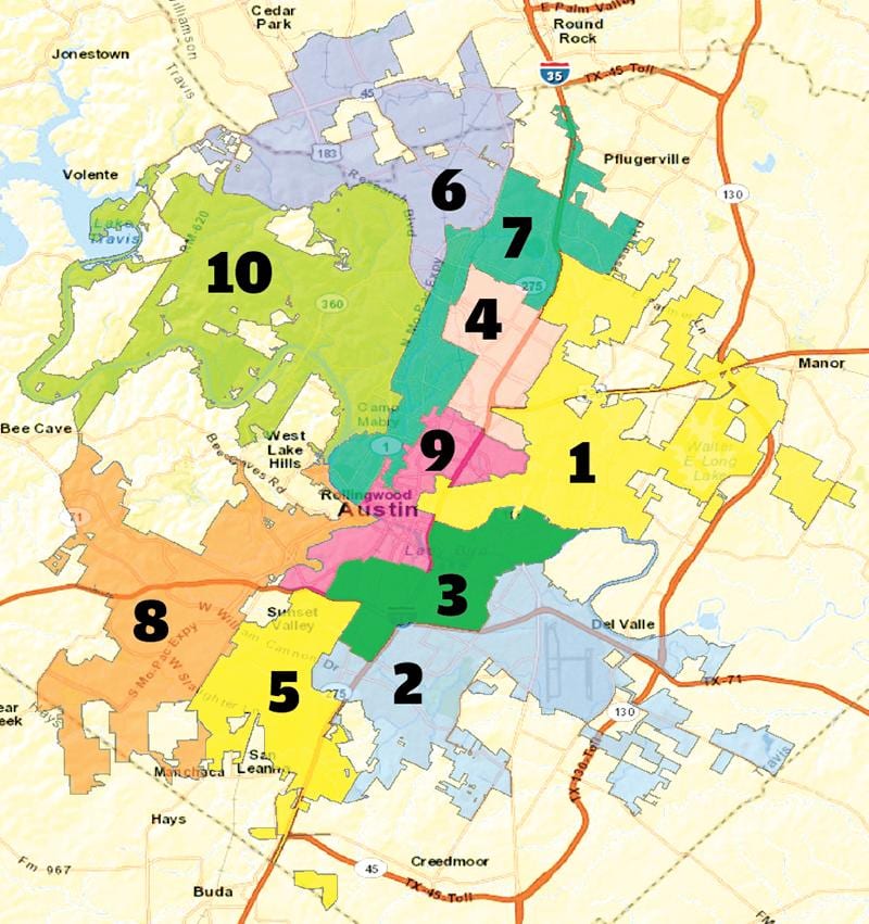 Austin, texas mapa del distrito de